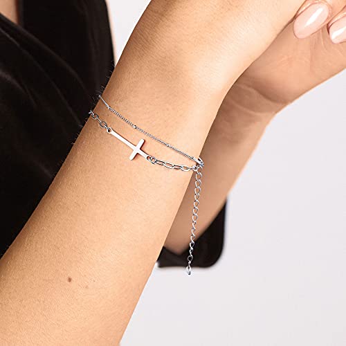 Dainty Gold Bracelets for Women, 14K Gold Plated Adjustable Layered Beads Bracelet Cute Evil Eye Oval Chain Pearl Bar Turtle Gold Bracelets for Women Jewelry - style: Beads Chain&Cross-Silver