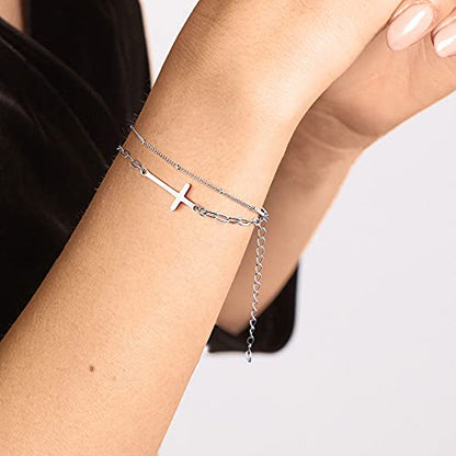 Dainty Gold Bracelets for Women, 14K Gold Plated Adjustable Layered Beads Bracelet Cute Evil Eye Oval Chain Pearl Bar Turtle Gold Bracelets for Women Jewelry - style: Beads Chain&Cross-Silver
