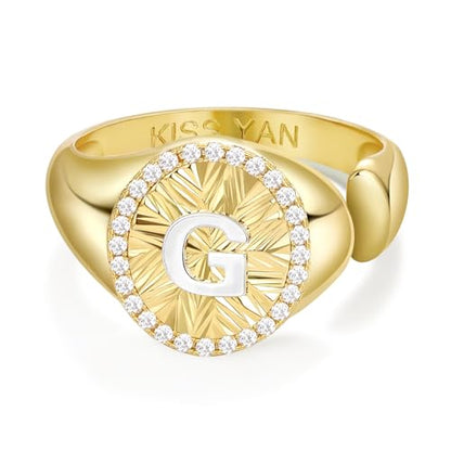 KissYan 14K Gold Plated Initial Ring for Women | Adjustable CZ Halo Letter Signet Ring, Personalized Monogram Statement Jewelry Gift, Tarnish Resistant - style: Letter G