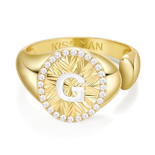 KissYan 14K Gold Plated Initial Ring for Women | Adjustable CZ Halo Letter Signet Ring, Personalized Monogram Statement Jewelry Gift, Tarnish Resistant - style: Letter G