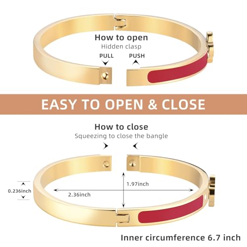 Clover Bracelets for Women Gold and Silver Chunky Oval Clover Bangle | 18k Gold Plated Stainless Steel,Precision Polished Non Tarnish,Black/White/Red/Pink/Orange Clover Bracelet Gifts for Women - color: Red