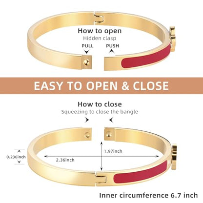 Clover Bracelets for Women Gold and Silver Chunky Oval Clover Bangle | 18k Gold Plated Stainless Steel,Precision Polished Non Tarnish,Black/White/Red/Pink/Orange Clover Bracelet Gifts for Women - color: Red
