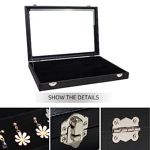 Wudygirl Earring Organizer Leather Jewelry Tray with Lid 13.7"x9.4" Black | 32 Pairs Jewelry Organizer with Velvet Liner, Ideal for Jewelry Storage, Dresser Drawer or Gift, Dustproof Design - style: Earrings Tray