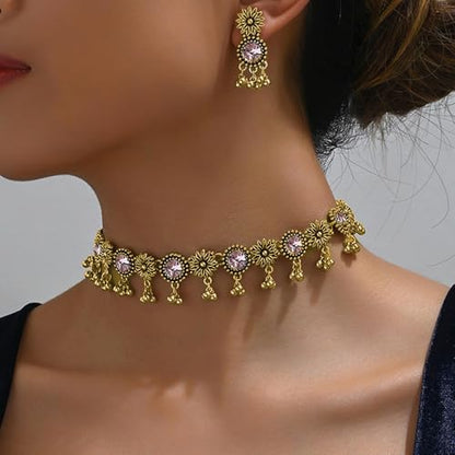 Frodete Indian Jewelry Sets for Women Traditional Bohemian Wedding Jewelry Set Indian Dresses for Women Oxidized Ethnic Party Prom Wear - color: A3:pink indian necklace earring sets