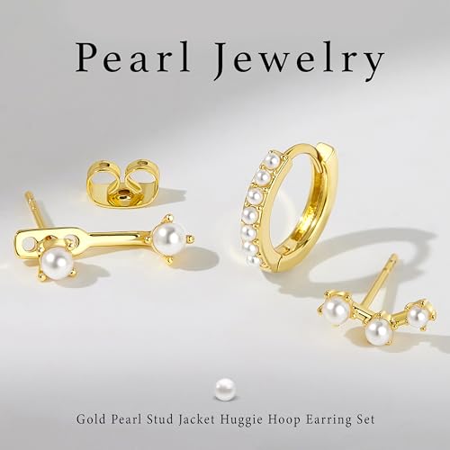3 Pairs Dainty Small Earrings Set for Women Trendy, Birthstone Stud Huggie Hoop Jacket Stack for Cartilage Helix, Gold Plated Hypoallergenic Cute Women Fashion Accessories Western Jewelry Gifts - color: Created Pearl-Gold