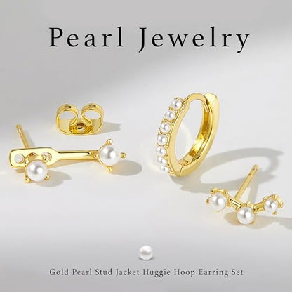3 Pairs Dainty Small Earrings Set for Women Trendy, Birthstone Stud Huggie Hoop Jacket Stack for Cartilage Helix, Gold Plated Hypoallergenic Cute Women Fashion Accessories Western Jewelry Gifts - color: Created Pearl-Gold