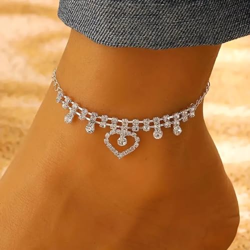 Fesciory Silver Ankle Bracelets for Women, Adjustable Rhinestone Pendant Tennis Anklet, Butterfly Heart Infinite Diamond Summer Beach Foot Chain Jewelry Gifts - style: Hollow Heart