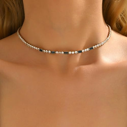 Tennis Necklaces for Women 18K Gold Plated White Red Green Blue Cubic Zirconia Necklaces Dainty Rhinestone Choker Necklaces Trendy Faux Diamond Tennis Chain 3mm - color: Blue Tennis Choker-Gold