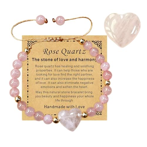 Heart Crystal Bracelet,Natural Gemstone Healing Bead Bracelet | Handmade Jewelry Gifts for Women Men,Graduation Gift for Her - color: Pink Quartz Bracelet