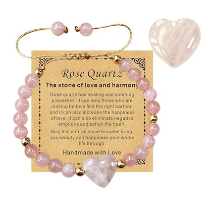 Heart Crystal Bracelet,Natural Gemstone Healing Bead Bracelet | Handmade Jewelry Gifts for Women Men,Graduation Gift for Her - color: Pink Quartz Bracelet
