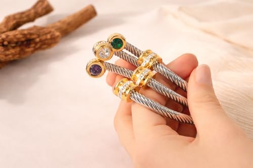 Birthstone Cable Cuff Bracelet for Women - Adjustable Open Cuff, Two-Tone Gold & Silver Twisted Bangle, Classic Stackable Jewelry Gift - color: Citrine