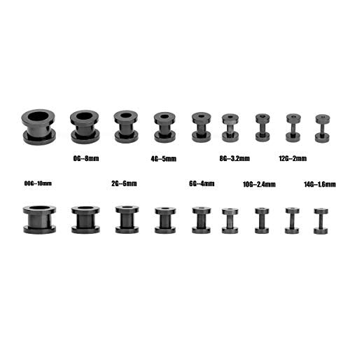 18PCS Ear Tunnels Kit Stainless Steel Screw Fit 14G-00G Gauges Plugs Set Double Flared Stretcher Expander Body Piercing Jewelry - color: Black