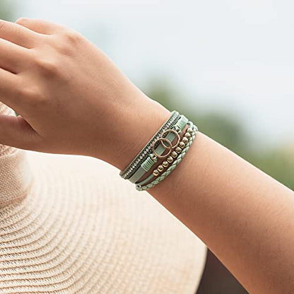 Chunky Boho Leather Wrap Bracelets Cowgirl Beaded Circle Western Jewelry | Stackable Infinity Layered Bohemian Magnetic Clasp Cuff Statement Fashion Colorful Country Hippie Outfits for Women Trendy - color: Avocado