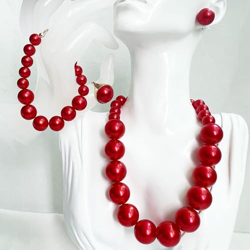 Prom Jewelry Set for Women Pearl Jewelry Sets Pearls Necklace Earrings Bracelet Ring Sets Faux Pearls Bridesmaid Bridal Wedding Prom Outfits Jewelry Sets - color: Red