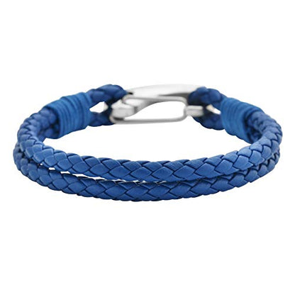 Edforce Braided Genuine Leather 2-Strand Cuff Bracelet with Stainless Steel Clasp - color: Blue
