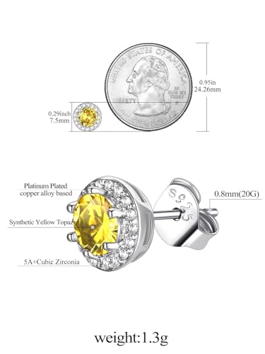 FindChic Birthstone Earrings for Women, Round/Heart/Square/Teardrop Earrings with 925 Sterling Silver Posts & Push Backs, Hypoallergenic Studs with Cubic Zirconia, 12 Months Jewelry with Gift Box - style: 11. November-Yellow Topaz (Round)