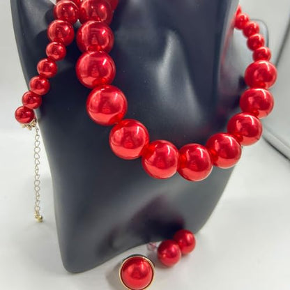 White Faux Pearl Necklace and Earrings Set Big Large Pearl Bead Ball Beaded Choker Necklace Black Pink Pearls Statement Bracelet Ring for Women - color: red