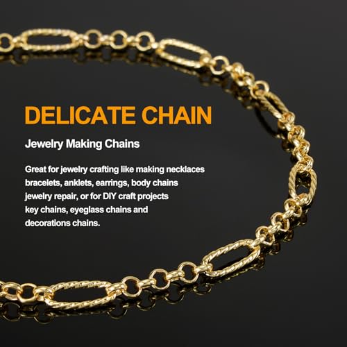 3M Mixed Material Chain Roll 18K Gold Plated Circle Chains Bulk | Embossed Paperclip Jewelry Links for Women Men DIY Handcraft Finding Jewelry Supplies - color: Small Circle Gold