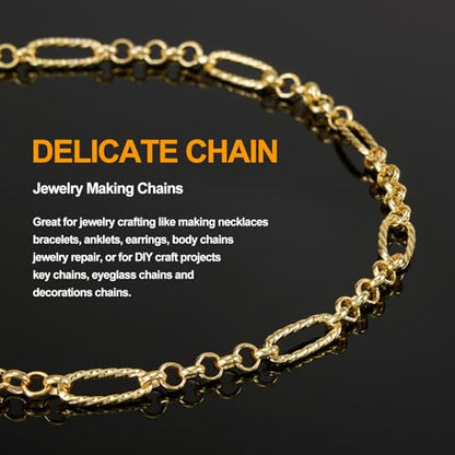 3M Mixed Material Chain Roll 18K Gold Plated Circle Chains Bulk | Embossed Paperclip Jewelry Links for Women Men DIY Handcraft Finding Jewelry Supplies - color: Small Circle Gold