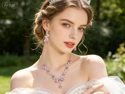 Kamirola Women's Wedding Jewelry Leaf Cluster Flower Crystal Dangle Earrings Pendant Necklace Set for BridalCrystal Bridal Jewelry Set - color: Silver Pink