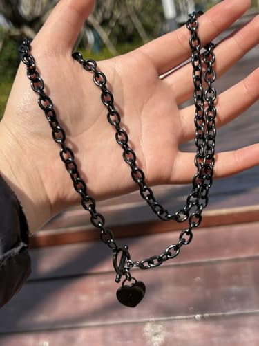 WangGao Elegent Love Stainless Steel Link Chain Blank Heart Charms Necklace for Women Toggle Clasp Closure - color: Black, size: 19.6inches