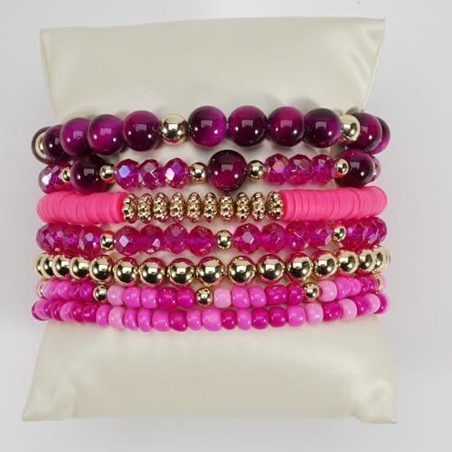 7Pcs Bohemia Multilayer Stackable Crystal Beaded Bracelet Set Multicolor Surfer Heishi Clay Gold Beaded Friendship Stretch Bracelets for Women Men Summer Beach Boho Vacation Jewelry Gifts - color: Hot pink
