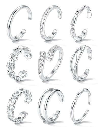 sailimue Gold Filled Toe Rings for Women Non Tarnish Adjustable Silver Ring | 9Pcs 14K Gold Filled Toe Rings Waterproof Summer Beach Foot Jewelry Hypoallergenic Stacking Band Stackable Ring - color: Silver