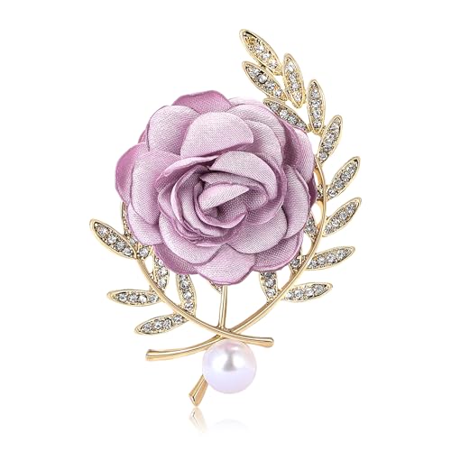 Handmade Elegant Red Rose Flower Brooch Pin for Women Crystal Pearl Fabric Flower Lapel Pin Dress Suit Accessories - color: Purple A