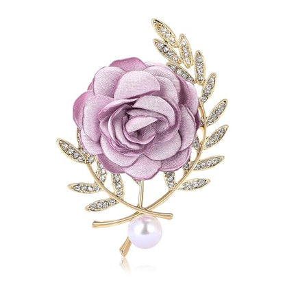 Handmade Elegant Red Rose Flower Brooch Pin for Women Crystal Pearl Fabric Flower Lapel Pin Dress Suit Accessories - color: Purple A