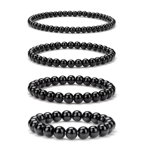 Vinswet 4pcs Beaded Bracelets for Women,Natural Healing Crystal Gemstones Bracelet,Anxiety Stress Relief Bracelet Handmade purple Jewelry Gifts for Women - color: Black Obsidia