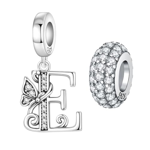 2 Pack 925 Sterling Silver Butterfly Letter Charms for Bracelets and Necklace Alphabet Initial Dangle Pendants Round Spacer Beads Pave Cubic Zirconia Jewelry Gift for Women - color: E Set