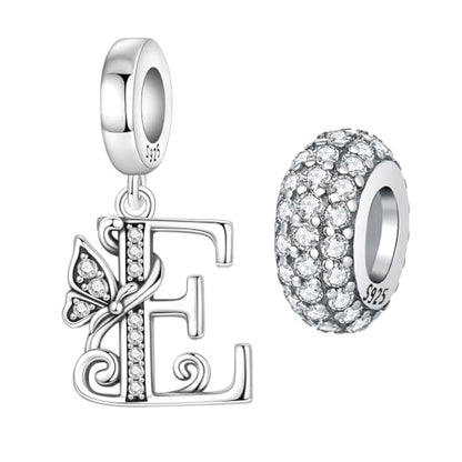 2 Pack 925 Sterling Silver Butterfly Letter Charms for Bracelets and Necklace Alphabet Initial Dangle Pendants Round Spacer Beads Pave Cubic Zirconia Jewelry Gift for Women - color: E Set