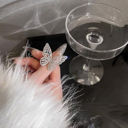 Butterfly Rings for Women Adjustable Golden Cocktail Ring Sparkly Stones Statement Silver Bow Open Wrap Bow Jewelry Bridesmaids Wedding Valentine’s Day Gift Lover Mother - color: JZ03-Silver