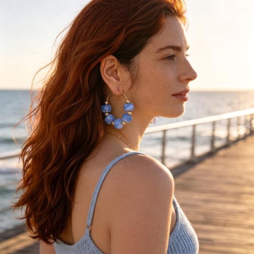 Colorful Beaded Earrings for Women Beaded Hoop Earrings | Chunky Acrylic Resin Boho Statement Drop Earrings Trendy Summer Beach Jewelry Accessories Gifts - color: Blue