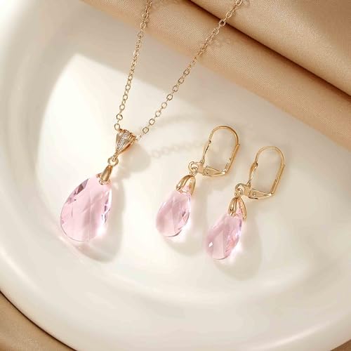 Austrian Crystals Teardrop Pendant Necklace Earrings for Women 14K Gold Plated Hypoallergenic Leverback Drop Dangle Earrings Jewelry Set - color: Pink