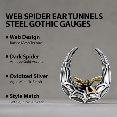 ERKUOO 2PCS 0g 00g-1" Gothic Golden Raven Skull Saddle Ear Gauge Spider Web Double Flared Plug Tunnels Expander Piercing Jewelry For Women Men 8mm-25mm - color: Spider Web-Silver, size: 00g=10mm