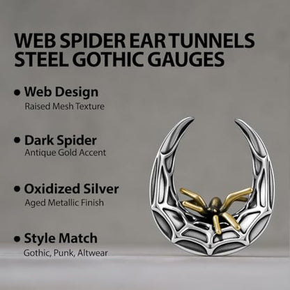 ERKUOO 2PCS 0g 00g-1" Gothic Golden Raven Skull Saddle Ear Gauge Spider Web Double Flared Plug Tunnels Expander Piercing Jewelry For Women Men 8mm-25mm - color: Spider Web-Silver, size: 00g=10mm