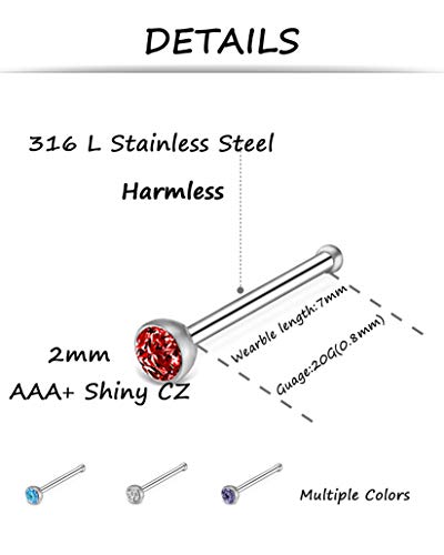 100Pcs Bone Nose Studs Stainless Steel Multicolor Cubic Zirconia Nose Rings Stud Hoop Tragus Cartilage Nose Ring Labret Nose Piercing Pin Jewelry for Women Men 1.5mm 2mm 2.5mm 20G 22G - style: E:60Pcs 2 mm CZ+40Pcs 8mm Nose hoop
