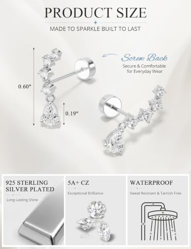 Freekiss Cartilage Flat Back Earrings Hypoallergenic for Sensitive Ears | 14K Gold / Sterling Silver Plated Climbers Earrings for Women Dainty Cz Stud Earring 20G Conch Tragus Helix Piercing Jewelry - color: 5CZ Teardrop-SL