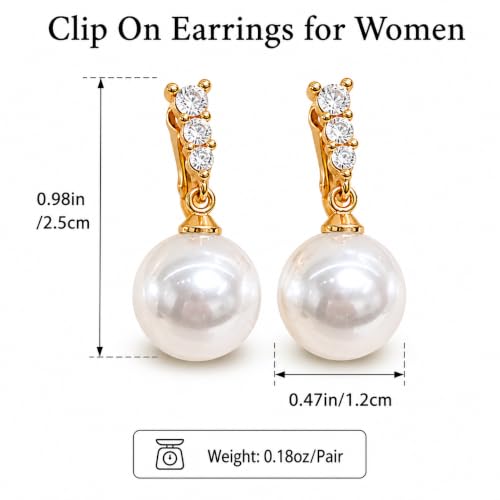 Pearl Clip on Earrings for Women - 14K Gold Silver Plated Cubic Zirconia Non Pierced Ear Clips Jewelry Gifts for Wedding Bridal Party Gifts - color: Gold-1 line CZ