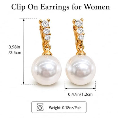 Pearl Clip on Earrings for Women - 14K Gold Silver Plated Cubic Zirconia Non Pierced Ear Clips Jewelry Gifts for Wedding Bridal Party Gifts - color: Gold-1 line CZ