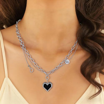 Double Layer Necklace for Women Trendy Layered Jewelry Adjustable Chain Necklace for Daily Wear and Special Occasions - color: Silver Heart