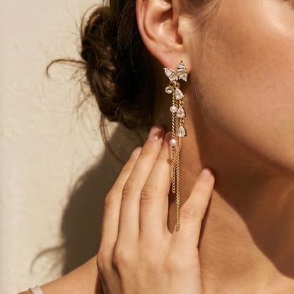 Long Pearl Tassel Drop Earrings Trendy, Gold Plated Dangle Cubic Zirconia Hypoallergenic Dainty Chain Bow Earrings for Women