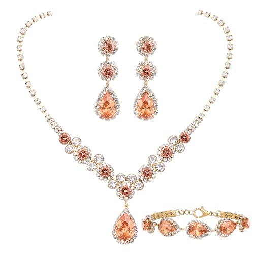 Paxuan Silver/Gold Rhinestone Crystal Wedding Bridal Bridesmaids Earrings Bracelet Set for Women Brides Bridesmaids Crystal Rhinestone Bracelet Earrings Set for Wedding Bridal Prom Pageant - color: Champagne