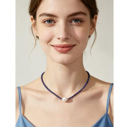 Single Pearl Choker Pendant Necklaces for Women, Natural Gemstone Womens Black Stone Beaded Choker Necklace, Dainty Round Freshwater Pearl Handmade Jewelry Gift Women Birthday Bridesmaids Anniversary 16 18 inch - color: 06-Lapis Lazuli, size: 16"