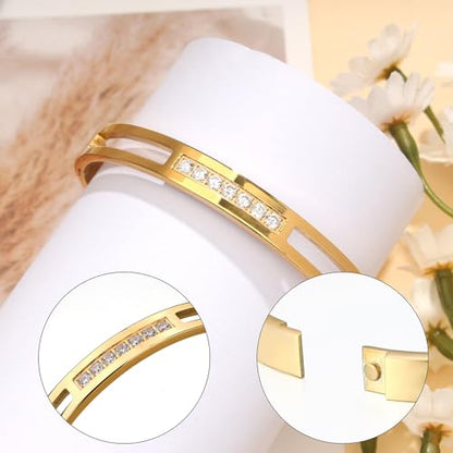 MILAKOO 6/8mm Gold/Silver Color Bangle Hollow Stainless Steel with Rhinestone Bracelets - color: Gold, size: 6mm