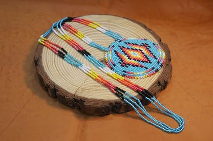 Handmade Native American Style Tribal ethnic Seed Bead Beaded Layered Medallion Necklace - color: Sky-Blue Geometric