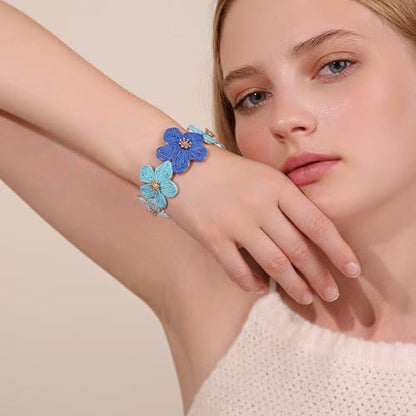 RUOFFETA Raffia Flower Cuff Bracelet for Women, Floral Chunky Bangle Wide Open Cuff Statement Bracelet - color: Blue Ombre