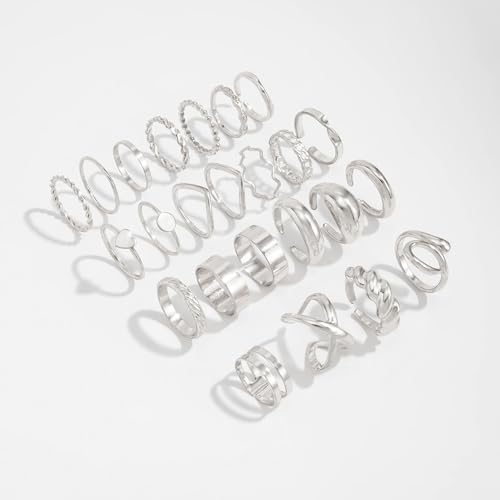 Gold Rings for Women Non Tarnish Stackable Rhinestone Moon Star Rings Dainty Stacking Pearl Butterfly Midi Pinky Thumb Joint Finger Knuckle Ring Set Gold Non Tarnish Jewelry Gifts Trendy Stuff - color: F Silver Stackable Rings 24Pcs