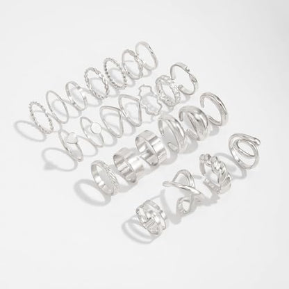 Gold Rings for Women Non Tarnish Stackable Rhinestone Moon Star Rings Dainty Stacking Pearl Butterfly Midi Pinky Thumb Joint Finger Knuckle Ring Set Gold Non Tarnish Jewelry Gifts Trendy Stuff - color: F Silver Stackable Rings 24Pcs